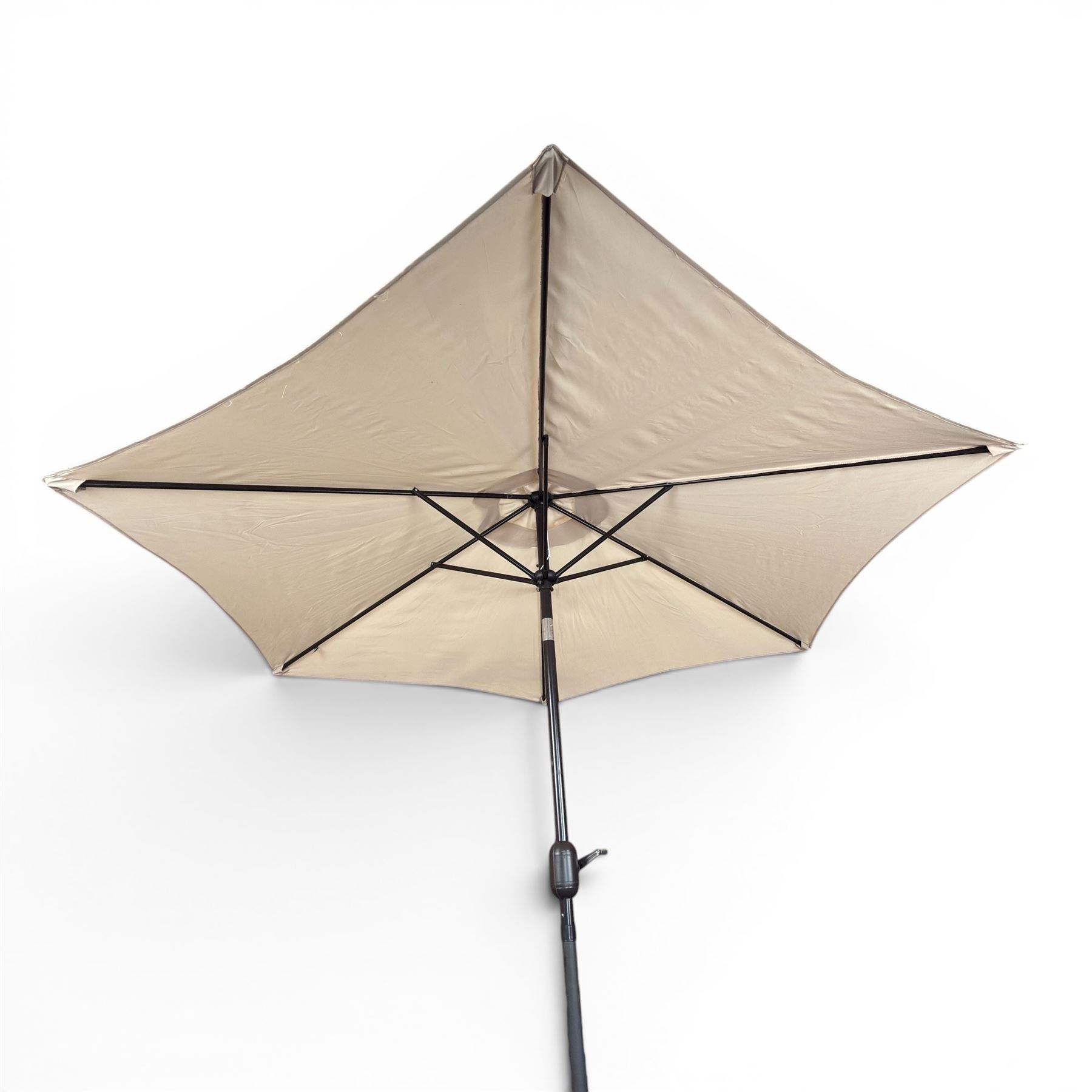 LeisureGrow - cast aluminium circular garden table, lattice design top, black finish; and six matching chairs with openwork back, complete with seat cushions and adjustable parasol