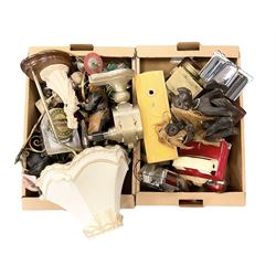 Assorted collectables, to include brass model of a motor car, model of a steam train, doll, Regency Fine Arts model of a golden retriever, figural table lamp, etc., in two boxes 
