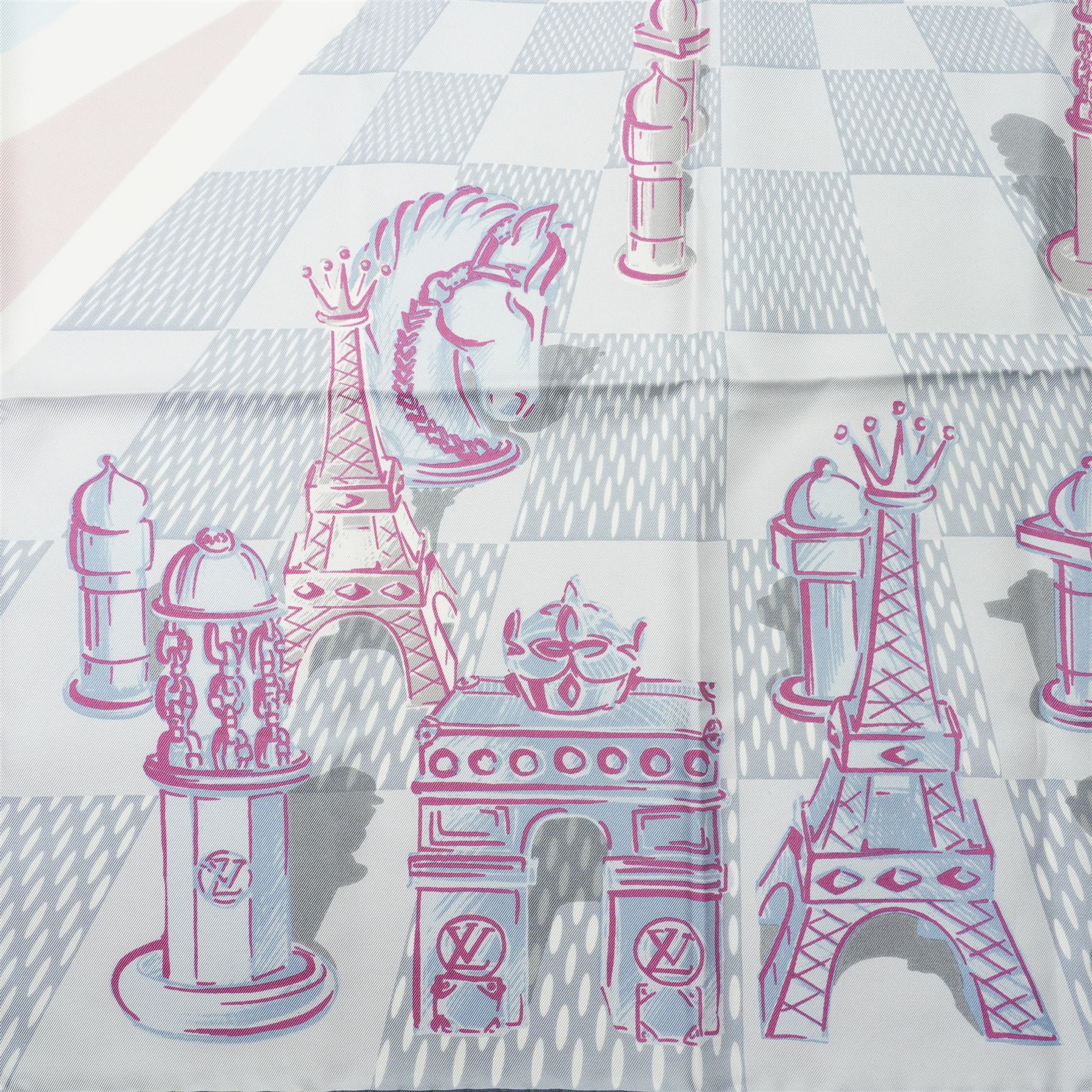 Louis Vuitton silk carré scarf, the multicolour design featuring stylised chess pieces and Parisian monument motifs over a Damier ground, with tonal LV monogram to the centre, signed Louis Vuitton Paris, 89cm x 89cm