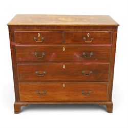 18th century oak chest, fitted with two short and three long graduating drawers, bone escu...