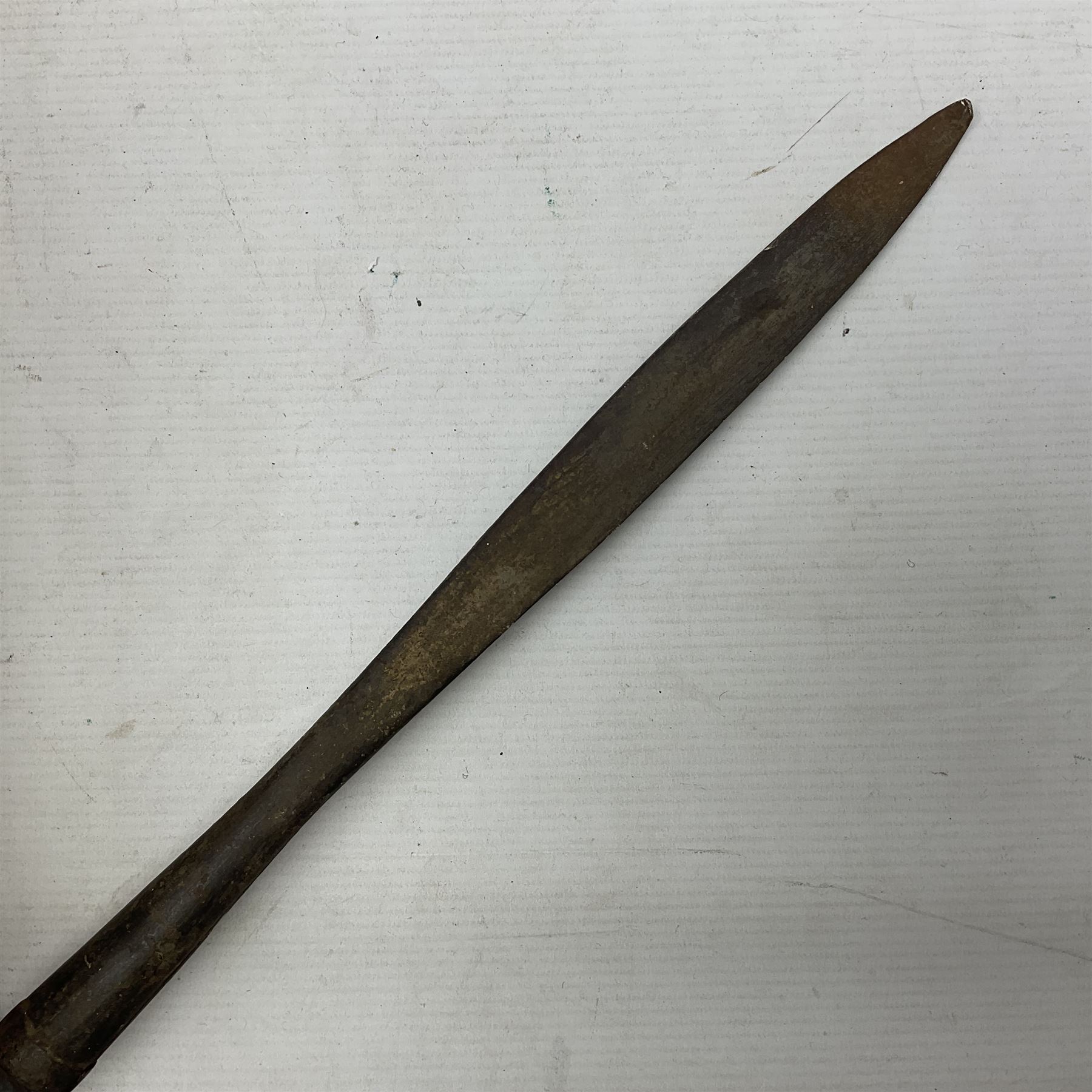 1970s British turtle style steel helmet with liner, green cover and netting; liner marked C.W.L. 1972 No.8415-99-973-6750; size 6 3/4 - 6 7/8; WWII respirator dated 1941 in canvas carrying case; and a Native long-shafted spear with iron head and bound plain round haft L165cm (3)