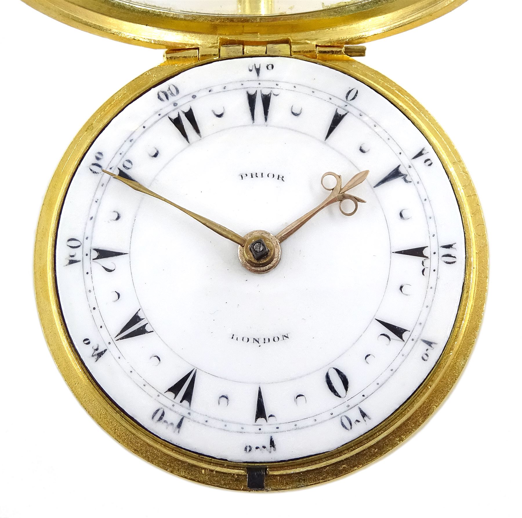 19th century silver-gilt pair cased verge fusee pocket watch for the Turkish market by Edward Prior (London 1800-1868), No. 43339, tulip pillars, pierced and engraved balance cock decorated with a classical urn, white enamel dial with Turkish numerals, beetle and poker hands and bull's eye glass
