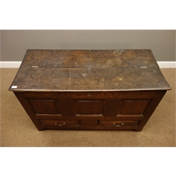  Late 17th century oak mule chest, moulded half hinged rectangular top, three panel front with two drawers, stile supports, W126cm, H75cm, D55cm  