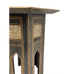 Early 20th century Anglo-Indian hexagonal table, the top decorated with mother of pearl beads and chequered banding, the base with fretwork pointed arches and inlays