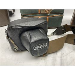 Miranda Sensorex camera body, Miranda Sensorex II camera body with 'Auto Miranda 1:1.8 f-59mm' lens, 'Auto Miranda 1:2.8 f-135mm' lens, 'Auto Miranda 1:3.5 f-200mm' lens, 'Auto Miranda 1:2.8 f-28mm' len, Agfa plate camera with 9cm x 12cm plates and other camera equipment including Miranda camera bag