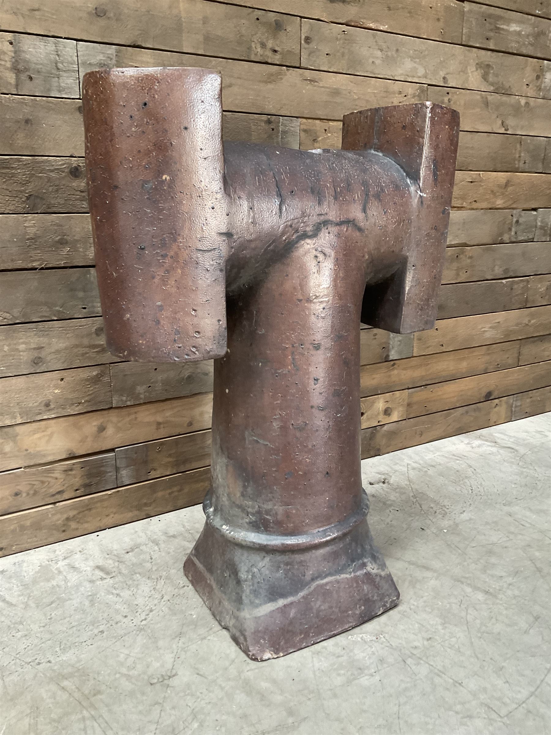 Large Victorian T shaped salt glazed terracotta chimney pot 