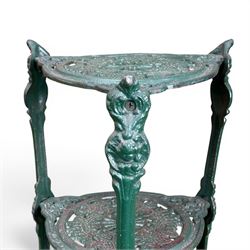 Ornate cast iron three tier garden plant or pan stand, green painted finish