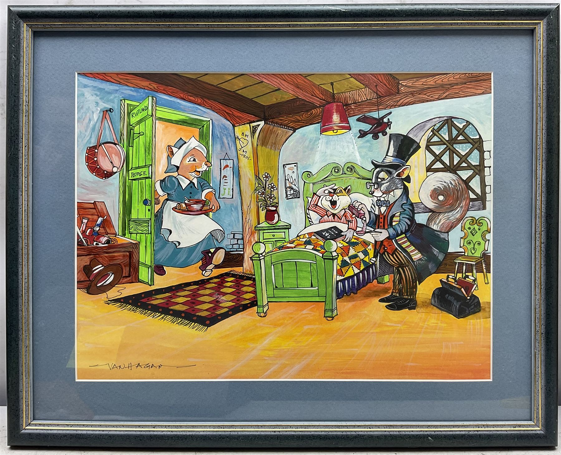 English Cartoon School (20th Century): Anthropomorphic Novelty Scenes, five watercolours three signed 'Van Hagan' and two signed 'Teri', max 20cm x 50cm (5)