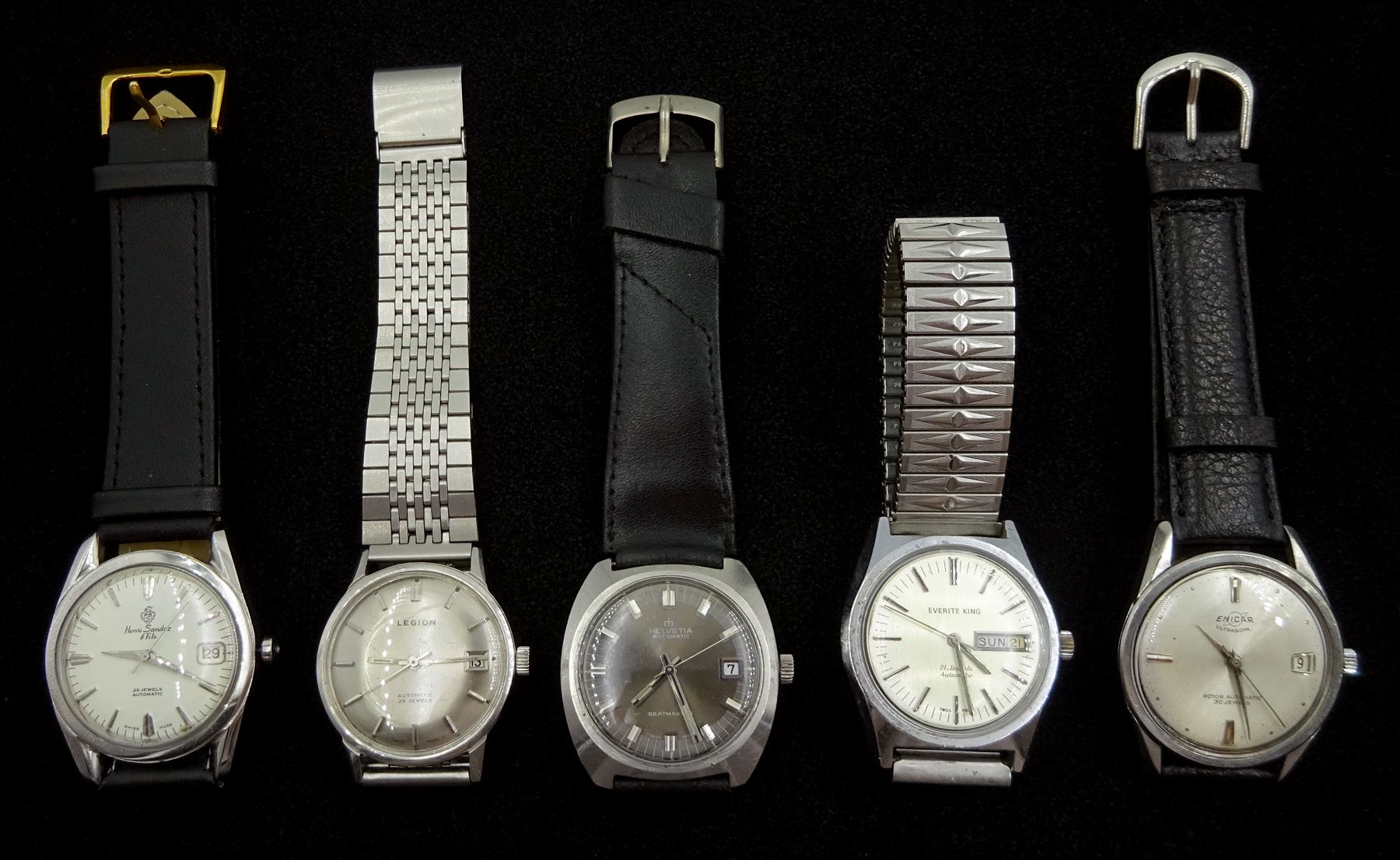 Five gentleman's automatic wristwatches including Enicar Ultrasonic, Helvetia, Everite King, Henri Sandoz & Fils and Legion