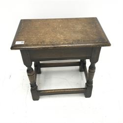 20th century oak joint stool, moulded rectangular plank top on turned supports joined by stretchers, 46cm x 28cm, H45cm