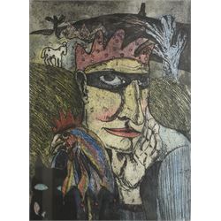 Adrienne Craddock (British Contemporary): 'A Fool Revealing Wisdom', etching in colours signed titled dated '90 and numbered 4/10 in pencil 74cm x 54cm
