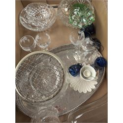 Clear glass epergne, silver plated tray, and a collection of cut and coloured glass ware, in two boxes