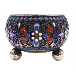 Russian silver and enamel open salt, of cauldron form upon three ball feet, with Assay Master mark (now worn and indistinct), over 1892, and makers mark, probably for Theodor Eggink, D3.5cm, approximate weight 25.2 grams