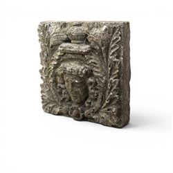 Weathered cast stone decorative wall panel, central female mask with urn motif surrounded by foliage