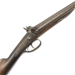 19th century 16-bore muzzle loading, percussion cap, side-by-side double barrel shotgun, with walnut stock, chased action with indistinct makers name and 74cm damascus barrels with under barrel ramrod L116cm overall