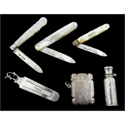 Silver vesta case by Joseph Gloster Ltd, Birmingham 1910, scent bottle with glass stopper makers mark S C B, Birmingham 1906, silver bookmark and three silver and motheer of pearl fruit knives by Thomas Marples and Robert Pringle & Sons(6)