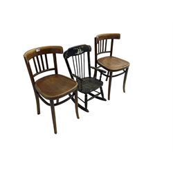 Mazowia - pair early 20th century elm cafe chairs with bentwood panelled seat, with painted oak childs rocking chair