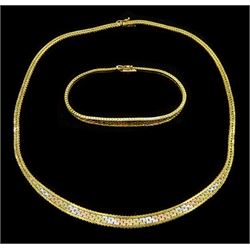 9ct gold tri-coloured fancy link necklace and similar 9ct gold bracelet, both with Sheffield import marks1982