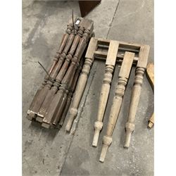 Set of four turned mahogany supports with brass cups and castors (H51cm); collection of splayed supports and turned supports; pine table and and two supports; and fifteen turned pine staircase spindles (H84cm) - THIS LOT IS TO BE COLLECTED BY APPOINTMENT FROM THE OLD BUFFER DEPOT, MELBOURNE PLACE, SOWERBY, THIRSK, YO7 1QY