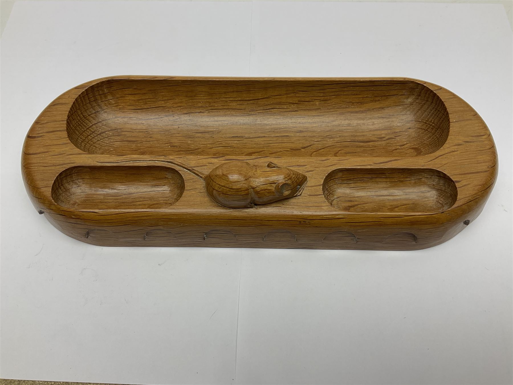 Mouseman - oak pen tray, rectangular form with rounded ends, carved mouse signature over penny moulded edge, by the workshop of Robert Thompson, Kilburn