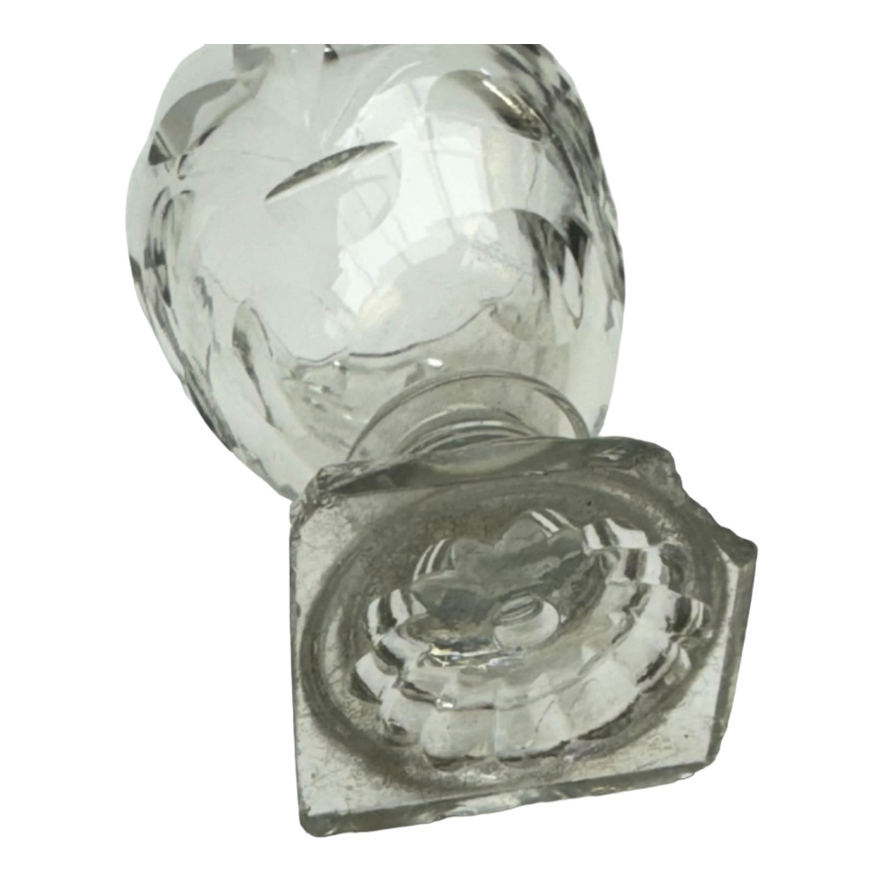 Five 19th century penny lick glasses, together with a pair of 19th century cut glass open salts with lemon squeezer bases, and a 19th century glass measure, largest example H12cm