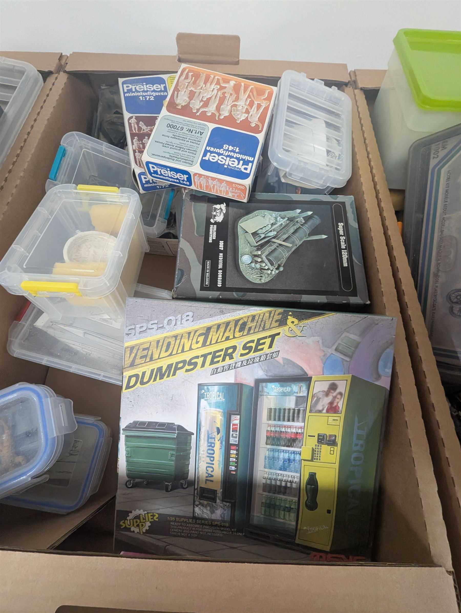 Collection of modelling equipment, kits, accessories, loose lego, including Games Workshop Warhammer 40000, military figures, etc, in four boxes, 