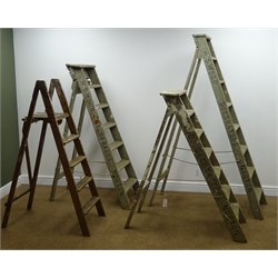  Three vintage timber decorators ladders (H184cm, H155cm, H130cm) and similar ladder (142cm)  