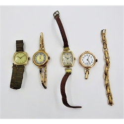  Four early 20th century gold wristwatches hallmarked 9ct, two with gold expanding bracelets   