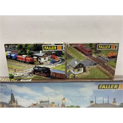'N' gauge trackside accessories - seven Faller buildings and bridges etc Nos.N212113, N222121, N222583, N222174, N222128, Z282730 & Z282707; two others by Vollmer Nos.N7657 & N7724; four boxes of Gaugemaster Ballasted Underlay; grit and Foliage Clusters