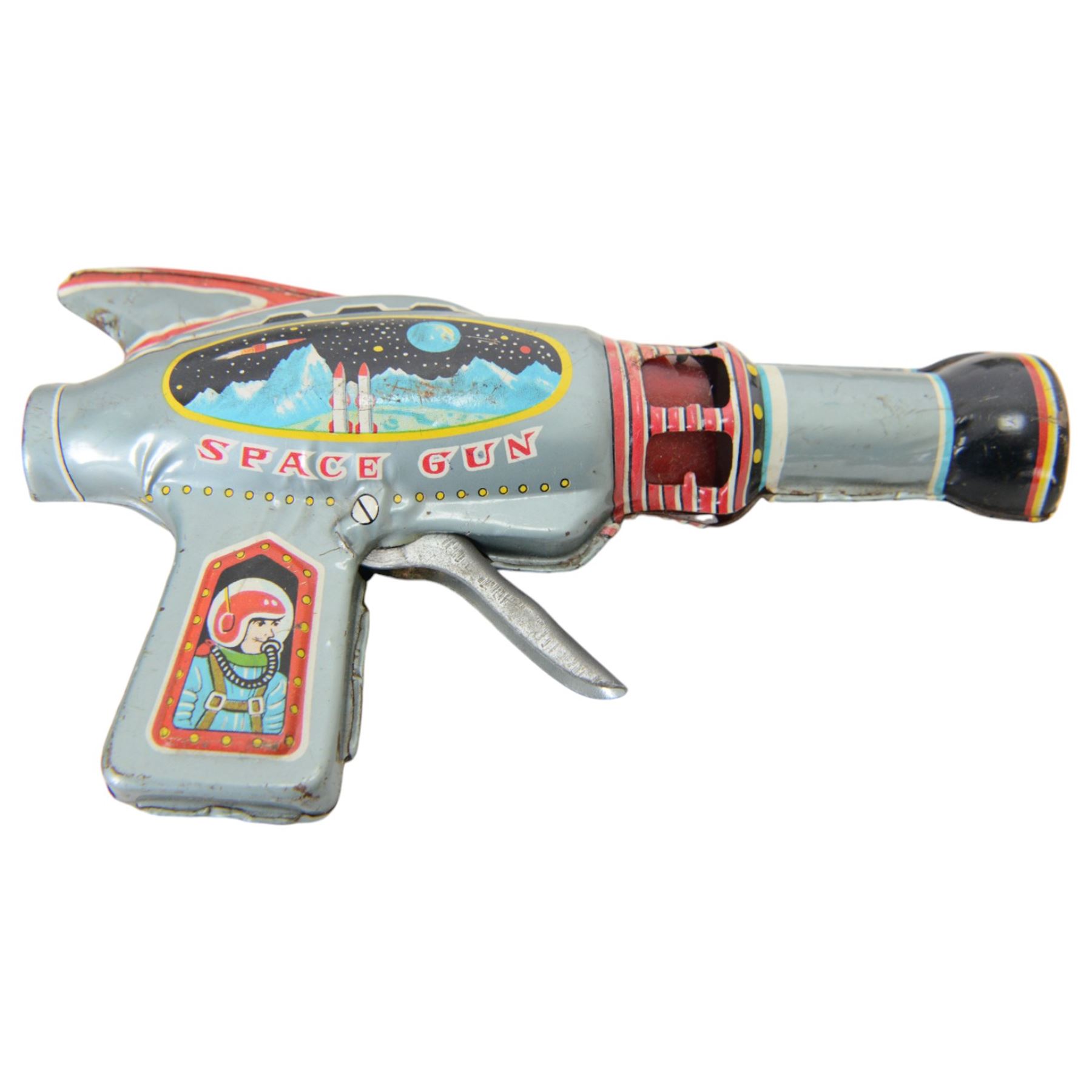 Sutcliffe Models Comet clockwork speedboat, boxed with key, together with a Russian tinplate garage toy, Japanese tin plate Billy The Ball Blowing Magic Whale, tin plate space gun etc 