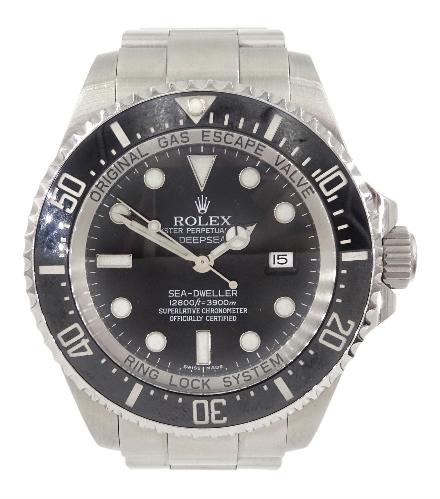 Rolex Oyster Perpetual Date Deepsea Sea-Dweller gentleman's stainless steel automatic wristwatch, circa 2008, Ref. 116660, serial No. V120010, luminous filled dot hour markers, baton quarters and white outer minute divisions, on Rolex Oyster bracelet, with fold-over clasp, boxed with papers