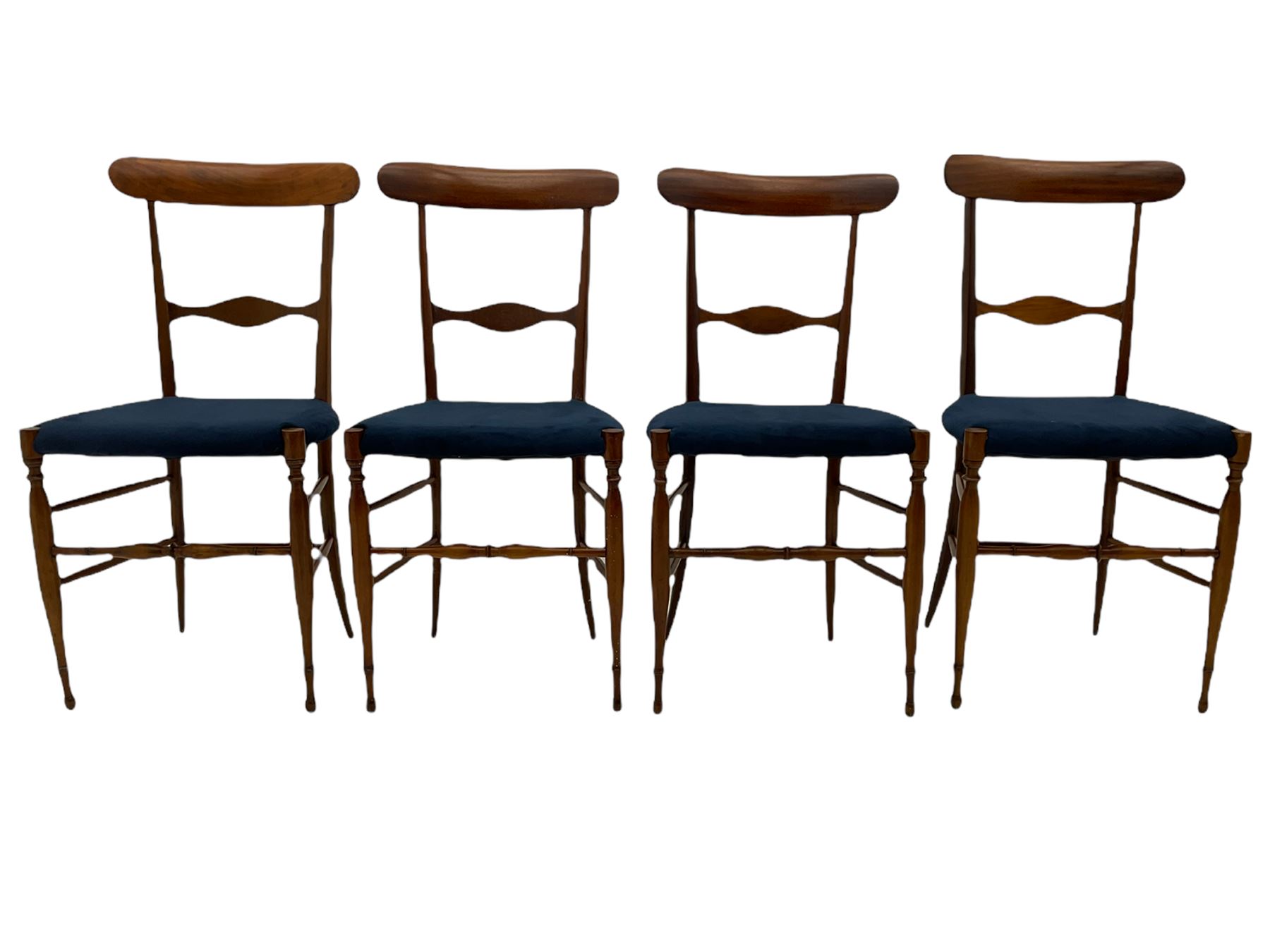 Campanino Chiavari by Fratelli Levaggi - circa. 1950s set eight walnut dining chairs, seats upholstered in blue fabric, 