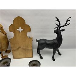 Wooden candle box, together with two barley twist candlesticks, carved duck and other collectables 