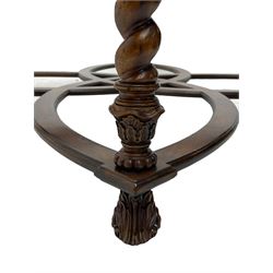 Jonathan Charles - large mahogany coffee table, the square oyster veneered top with verre églomisé inset, the glass hand-painted with gilt scrolling foliate patterns, raised on spiral turned supports with acanthus and gadroon carvings, united by interlocking demi-lune stretchers, on scrolled acanthus feet