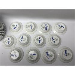 Royal Copenhagen tea and dinner service for twelve place settings, decorated in the Mega Blue Fluted pattern, pattern number 622, comprising dinner plates, salad plates, bowls with pierced rim, smaller bowls, tea cups, and saucers, dinner plates D27.5cm, salad plates D22cm