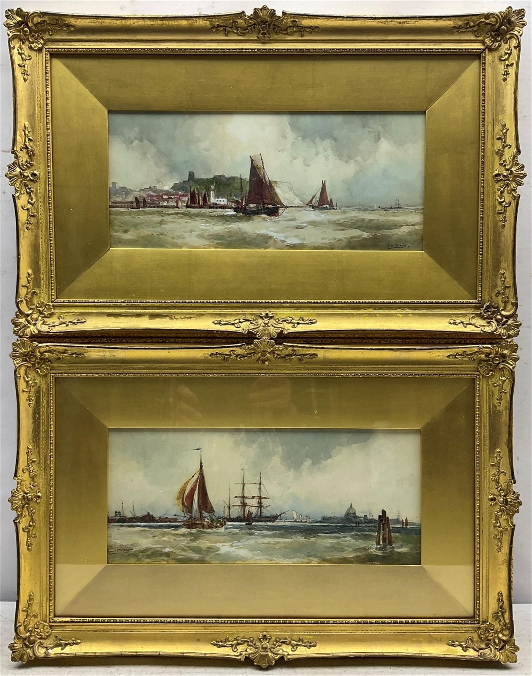 Frank Henry Mason (Staithes Group 1875-1965): 'Scarborough' and 'Rotterdam', pair watercolours signed, titled on original Hare & Whitley labels verso 14cm x 32cm (2)