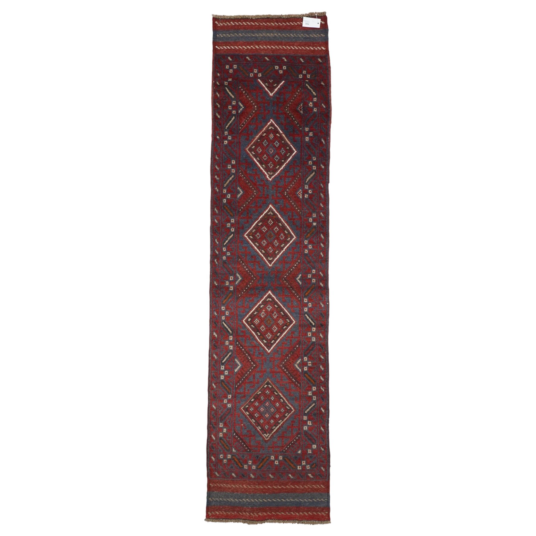 Afghan hand-knotted wool runner, dark red and indigo blue madder, with a repeating diamond medallion design within multiple geometric borders, with flatweave ends 