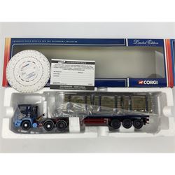 Corgi - three limited edition lorries; CC11905 ERF EC Flatbed Trailer & Log Load Los Millican (Penton) Ltd; CC12102 Renault Premium Curtainside Wm.Armstrong (Longtown) Ltd; and CC12903 Scania Topline Curtainside Currie European Transport; all boxed (3)