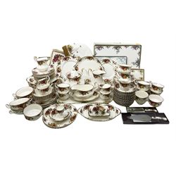 Royal Albert Old Country Roses pattern tea and part dinner service, to include teapot, two open sucriers, two jugs, thirteen cups and saucers, sixteen dessert plates, two cake plates, twelve dinner plates, sauce boat and saucer, etc (approx 114) 