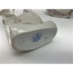 Three Lladro figures, comprising, Dreams of Summer Past no 6401, Spring Breeze no 4936 and Breezy Afternoon 5682 together with Lladro plaque Art Brings us Together no 7677, all in original boxes, largest example H35cm