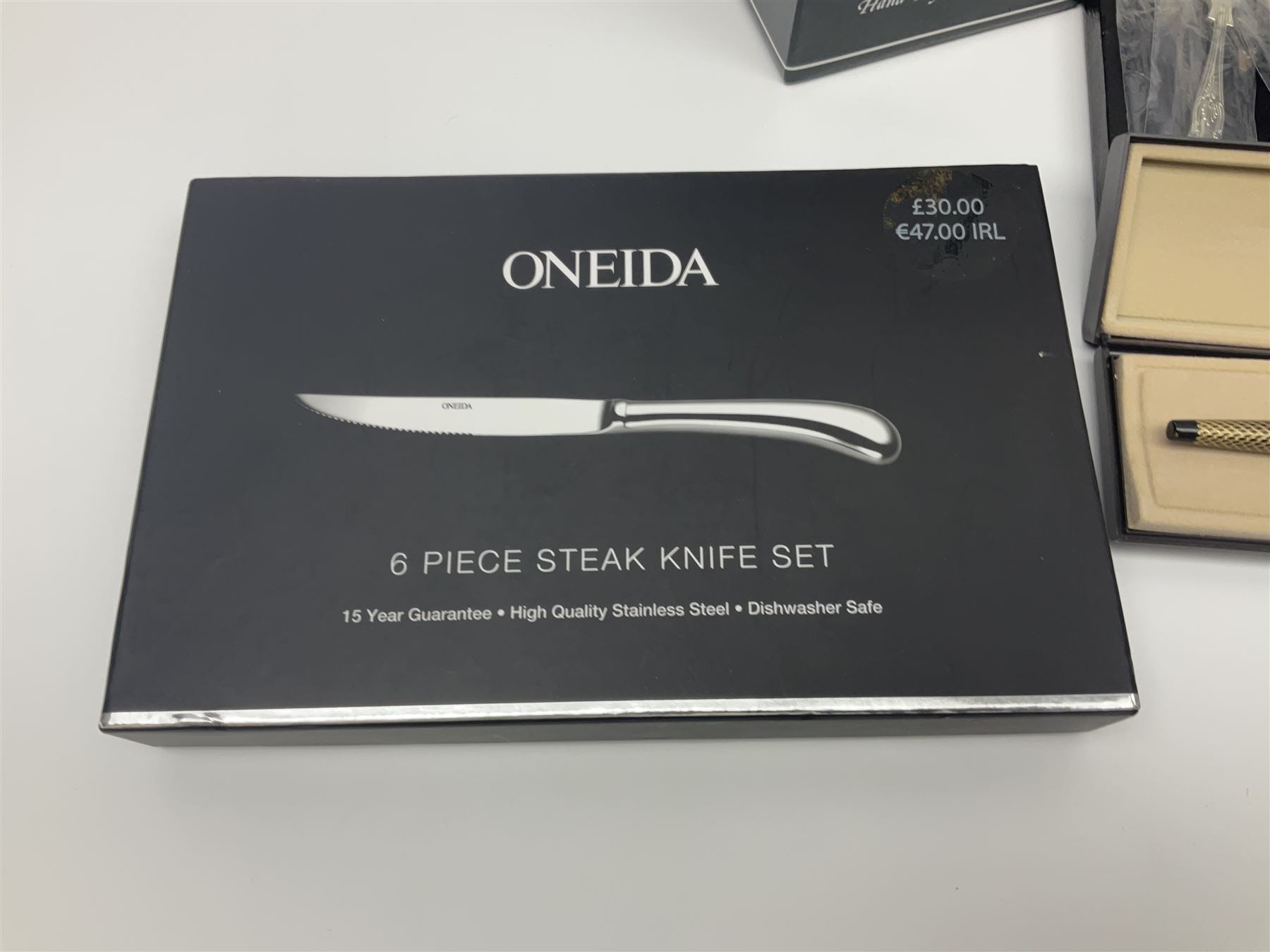 Silver plate including set of six Oneida steak knives with pistol grip handles, in original box, set of six cased cake forks, pair of goblets, etc, together with a pair of Belleek Celtic pattern mugs, 