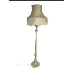 Victorian design Classical standard lamp, turned and fluted column with circular base, in cream finish, with matching fringed shade 
