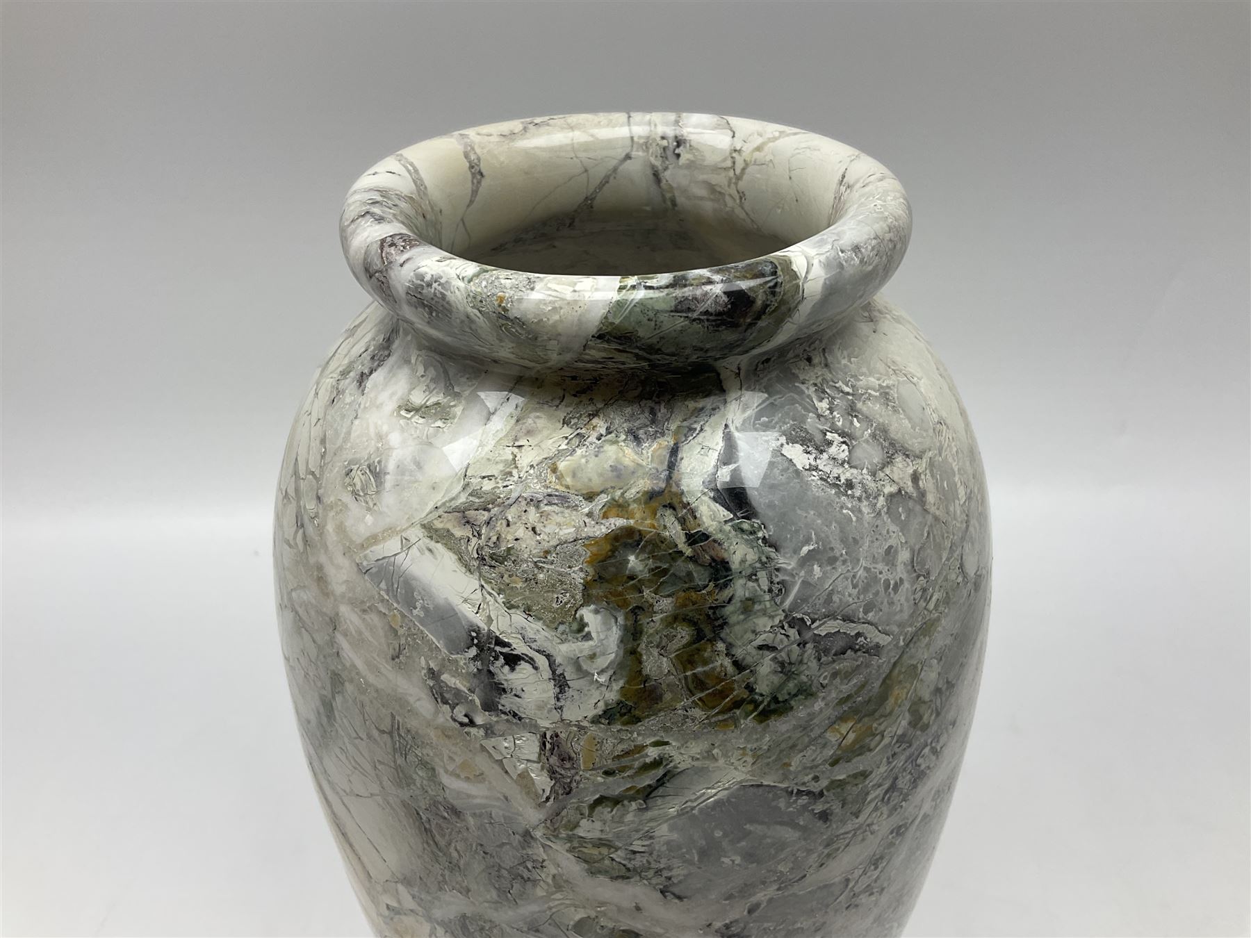 White marble vase, of baluster form, with grey, gold and green undertones, H30cm
