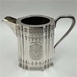 Victorian three-piece silver tea service, comprising teapot, twin handled open sucrier and milk jug, of oval form with shaped rim and C handles, each engraved with crests and bands of strapwork decoration, the milk jug and sucrier with gilt interiors, hallmarked Josiah Williams & Co, Exeter 1881, the teapot with ivory insulators and finial, all contained with a tooled leather, blue silk and velvet lined fitted case, retailed by West & Sun, Dublin 
This item has been registered for sale under Section 10 of the APHA Ivory Act