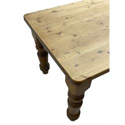 Pine farmhouse design dining table, rectangular top on turned supports (183cm x 91cm, H78cm); together with a set of six (4+2) beech dining chairs