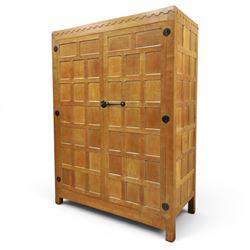 Mouseman - early-to-mid-20th century panelled and adzed double wardrobe, the arcade carved...