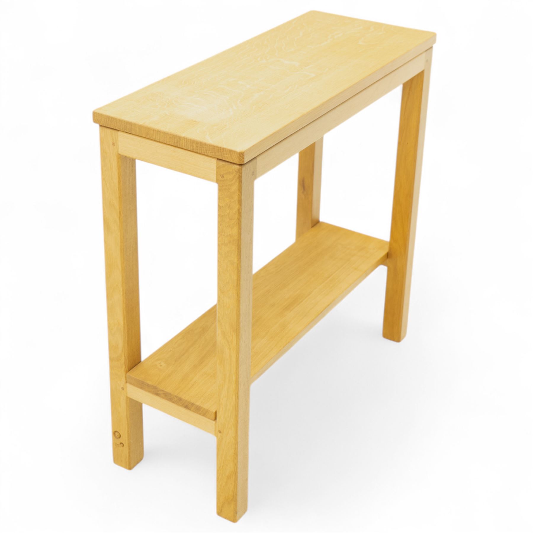 Woodwormman - oak console table, rectangular top over open frame with plain frieze, united by a low tier stretcher shelf, with carved Woodworm signature, by Nigel Dixon, Topcliffe, Thirsk