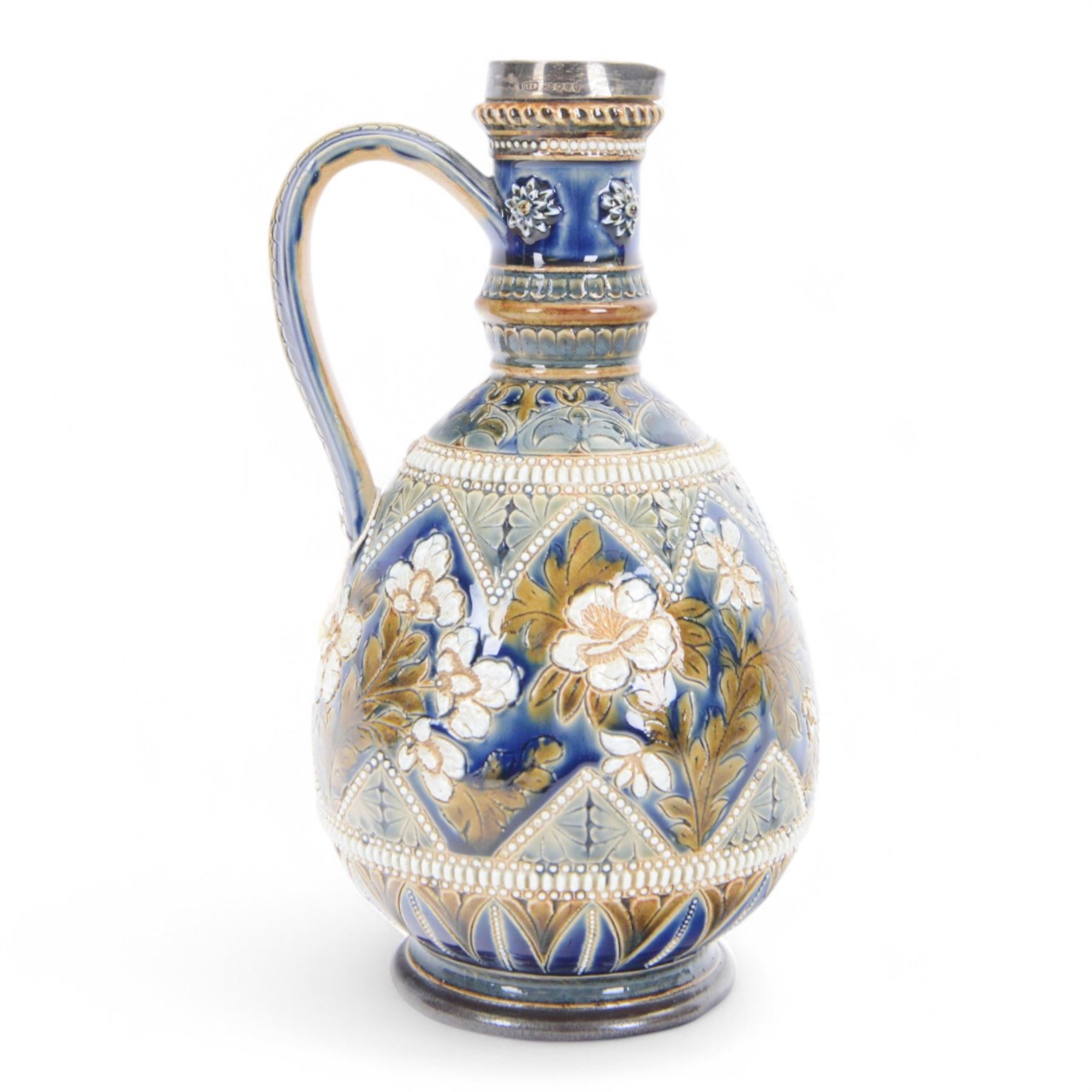Doulton Lambeth ewer with silver collar, hallmarked, by Elizabeth Sayers, decorated with a central panel of flowers, H25cm