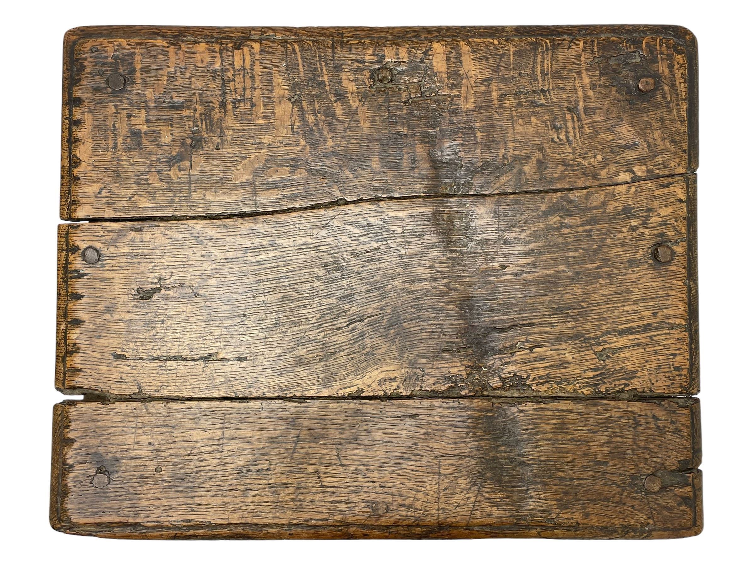 18th century oak joint coffin stool, moulded rectangular top over moulded frieze rails, raised on bobbin turned supports joined by moulded stretchers