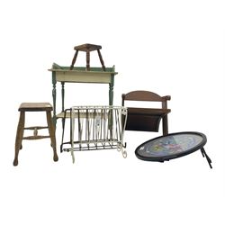 Mid 20th century child's chair, curved backrest and angled armrests (H46cm); painted pine washstand (W67cm, D48cm, H77cm); circular tray with needlepoint inset (D56cm); two stools; two magazine racks (7)